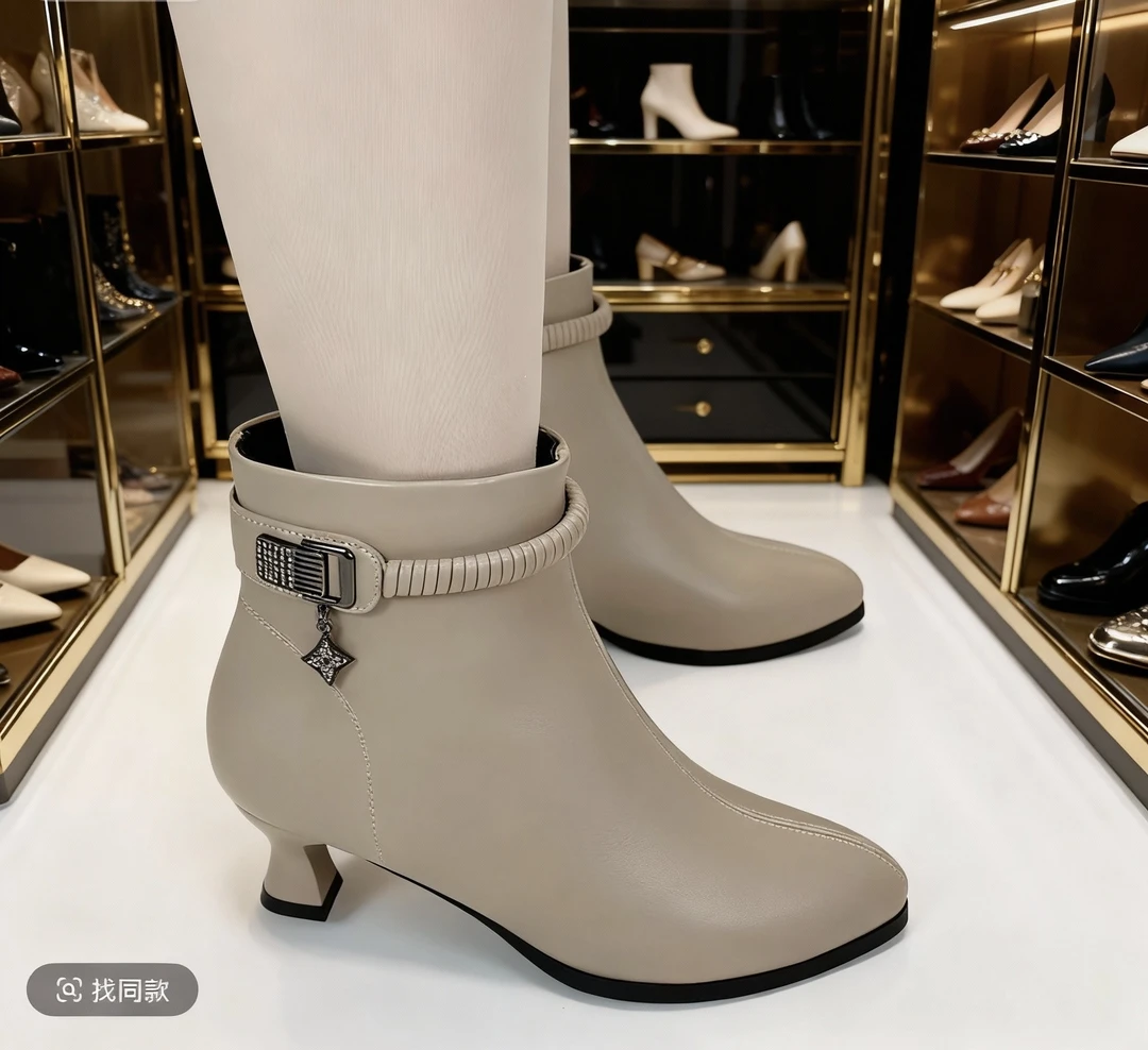 3公分-2025新款秋冬女侧拉链磨砂防滑尖头短靴舒适时装靴靴子冬季