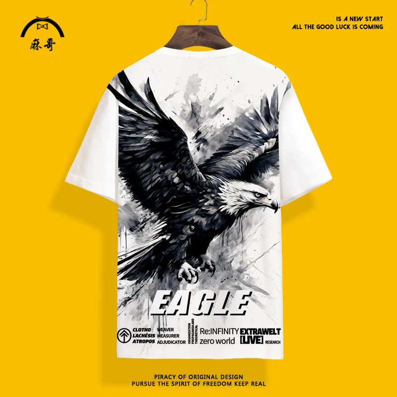 老鹰印花短袖T恤男ins潮牌圆领半截袖oversize薄款速干国潮体恤衫