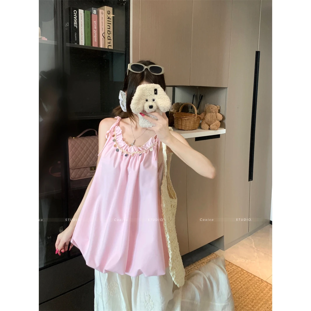 别致粉色贝壳花苞吊带背心女夏季新款时尚外穿甜美度假风宽松上衣