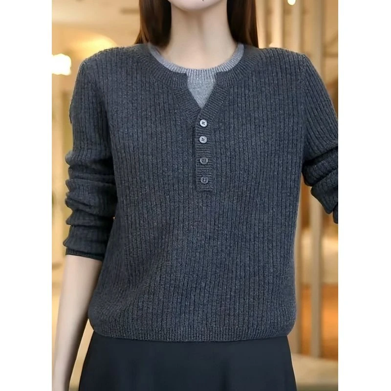 时髦洋气假两件针织衫女秋冬季穿搭灰色毛衣内搭气质显瘦长袖上衣