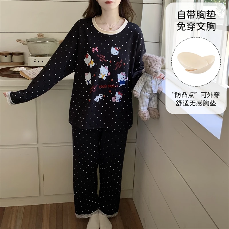 芯语婷春秋季新款带胸垫黑色波点凯蒂猫女士睡衣卡通甜美长袖套装