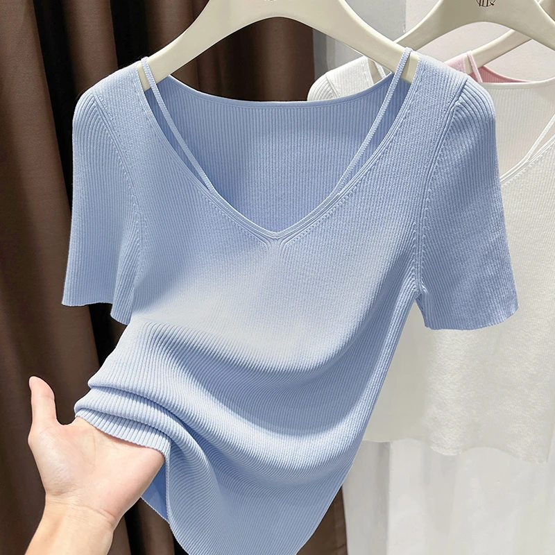 蓝色气质低领修身弹力短袖t恤上衣夏季新款紧身v领百搭女装针织衫