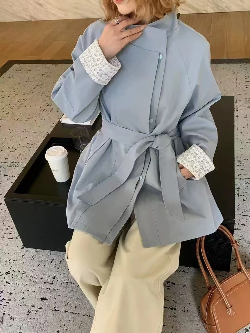 2505韩系立领赫本风高级感中长款风衣单排扣宽松外套女