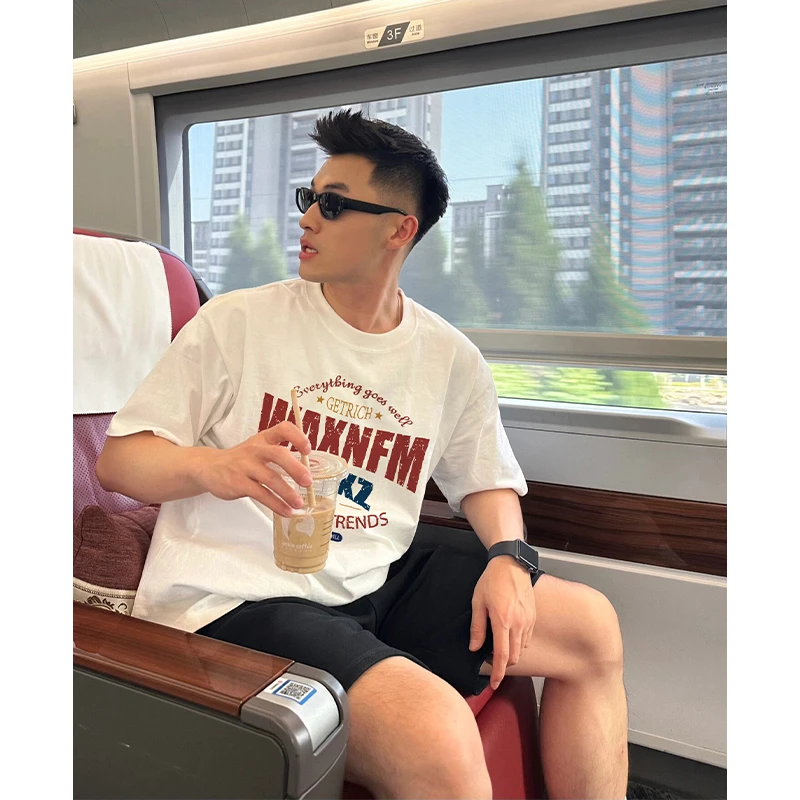 特大码300斤纯棉字母短袖T恤夏季青春时尚宽松小领口百搭半袖上衣