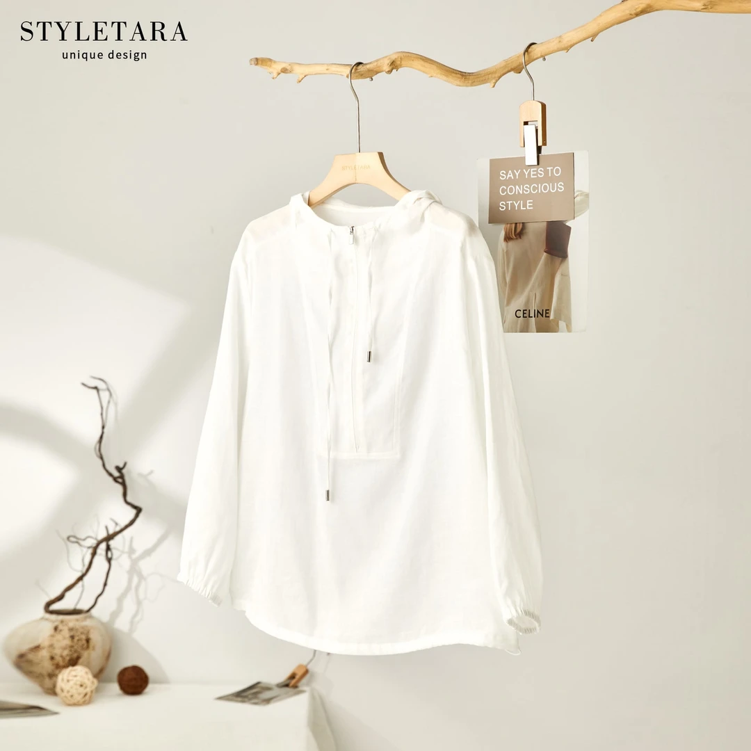 夏季女士轻薄套头小衫12591长袖白色时尚百搭宽松休闲简约