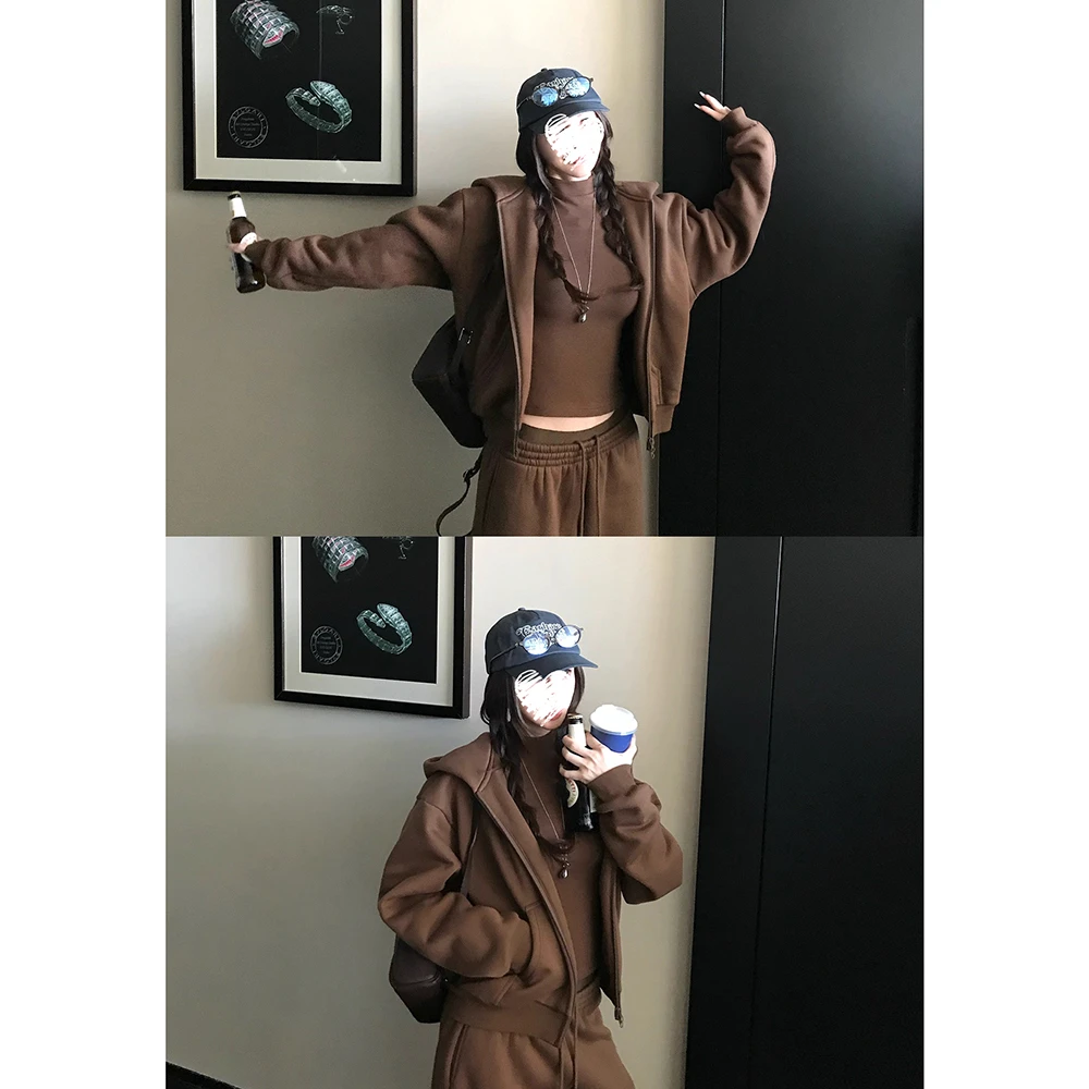 宽松加绒连帽卫衣女直筒抽绳显瘦长裤半高领打底衫套装 81523