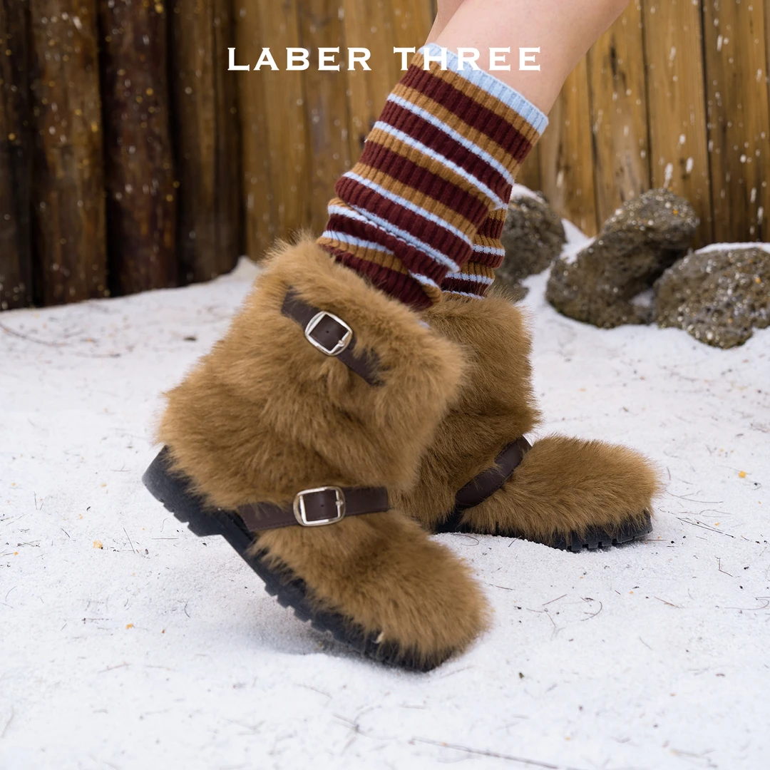 LABERTHREE25秋日暖阳皮扣蓬松毛毛靴时尚辣妹风厚底个性短靴