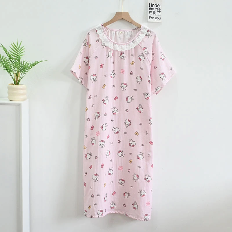 全棉双层纱夏季薄短袖睡裙女花边减龄卡通透气吸汗全棉家居服睡裙
