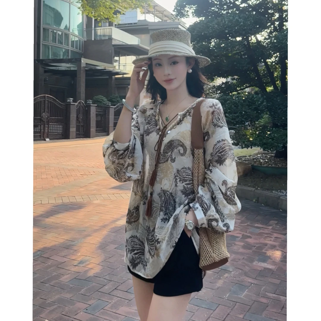 Tian丝【腰果花】25新款浪漫花稿夏季新款印花百搭衬衫女长袖上衣薄