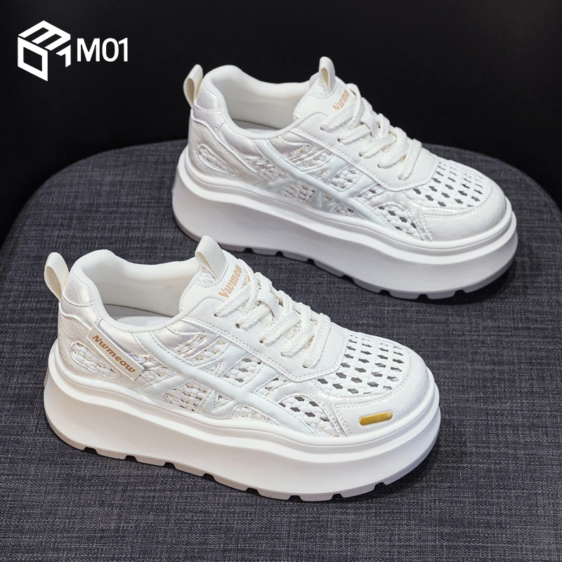 M01透气网面镂空小白鞋女2025夏季新款爆款百搭编织松糕厚底增高