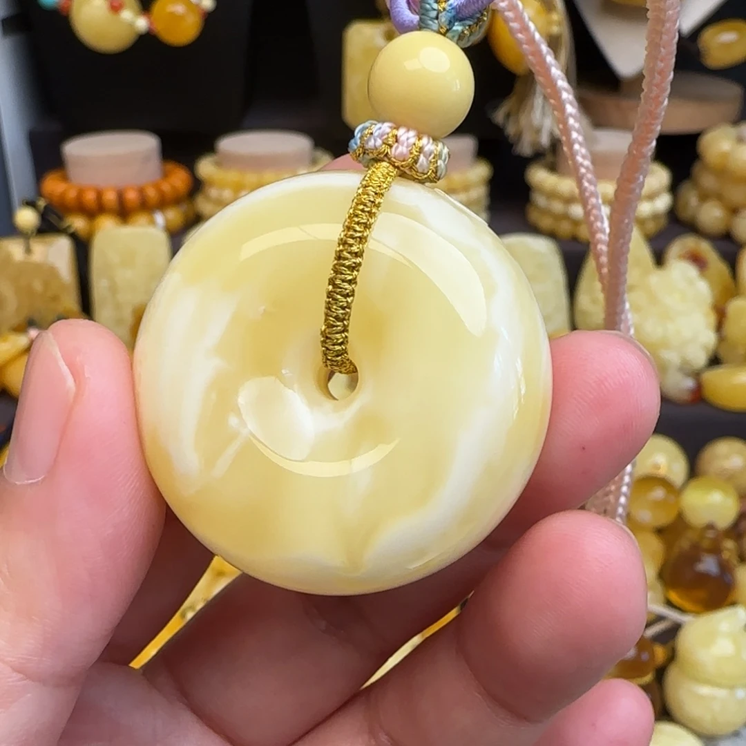 琥珀未镶嵌套链天然白蜜蜜蜡平安扣吊坠