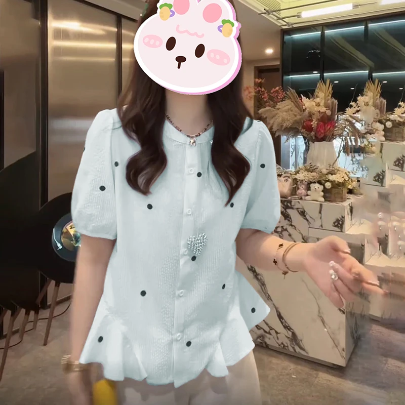 韩系圆点拼接荷叶边泡泡袖衬衫女2025夏季新款洋气减龄百搭上衣潮