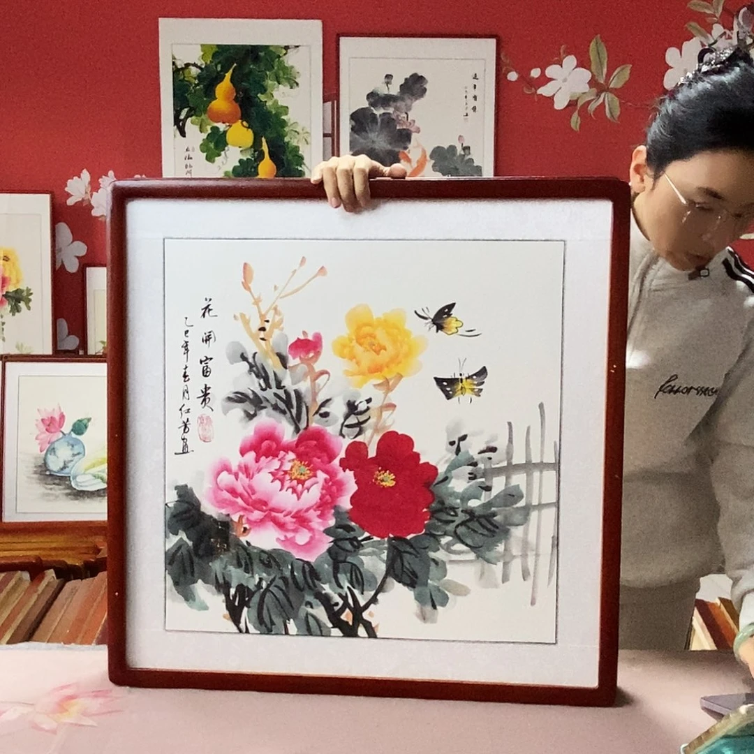 国画手写手绘带框包邮国画作品62✖️62