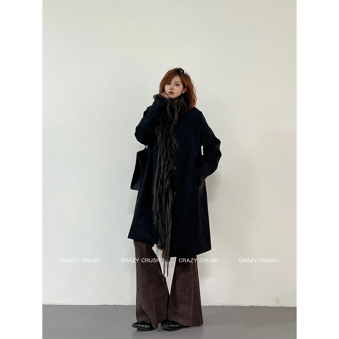 冬季港风设计感宽松显瘦不臃肿黑色中长款毛边派克棉服外套女