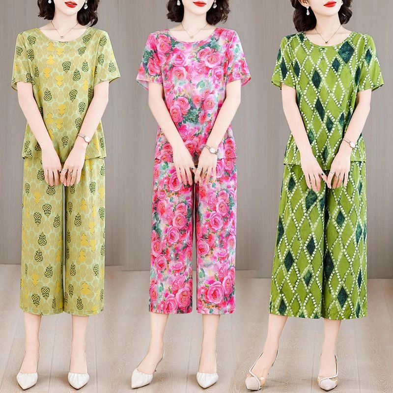 棉绸妈妈套装夏季新款时尚外穿休闲洋气薄款人造棉短袖宽松两件套