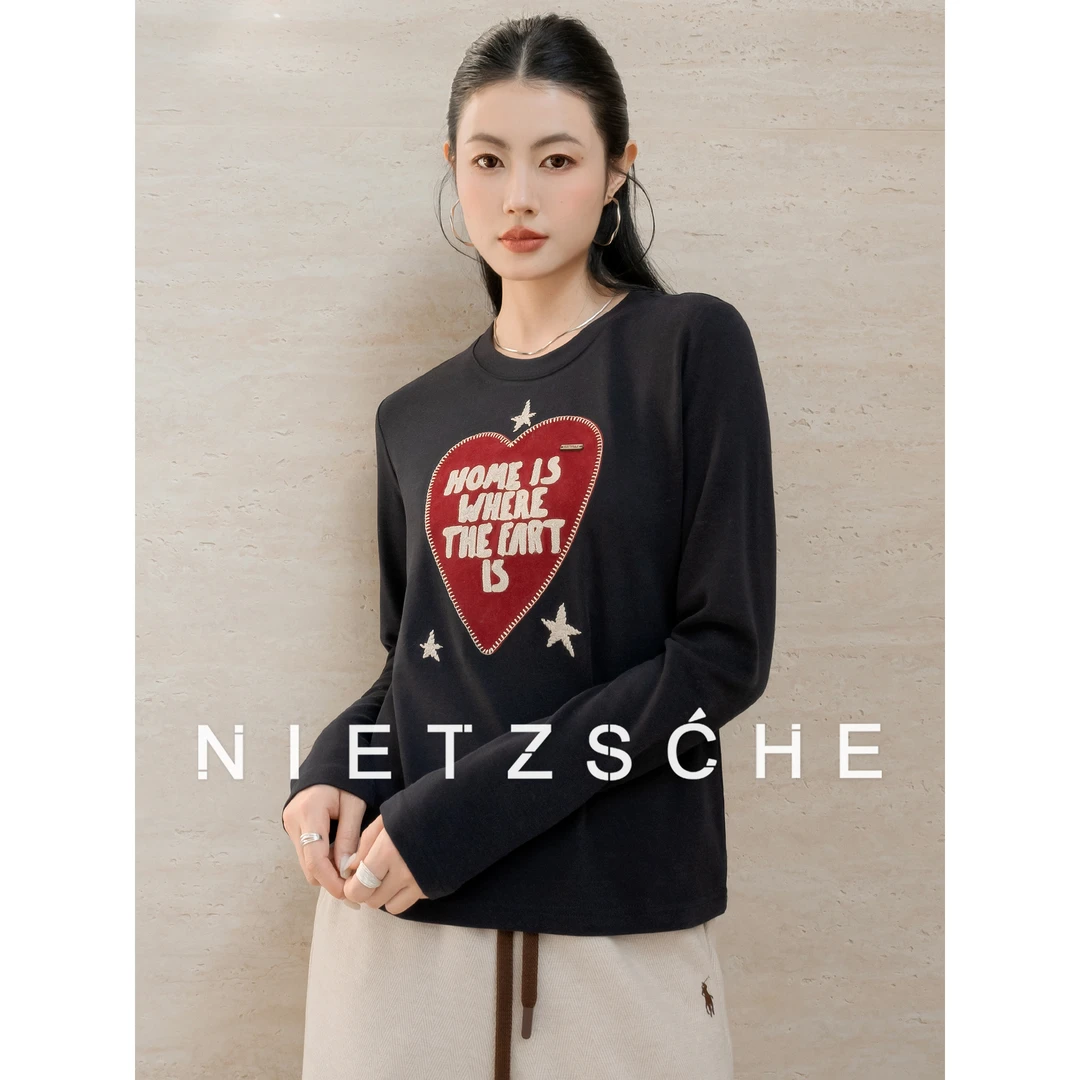 尼采 官方直营｜红心T｜精棉 重磅刺绣工艺百搭加厚女装T恤62088