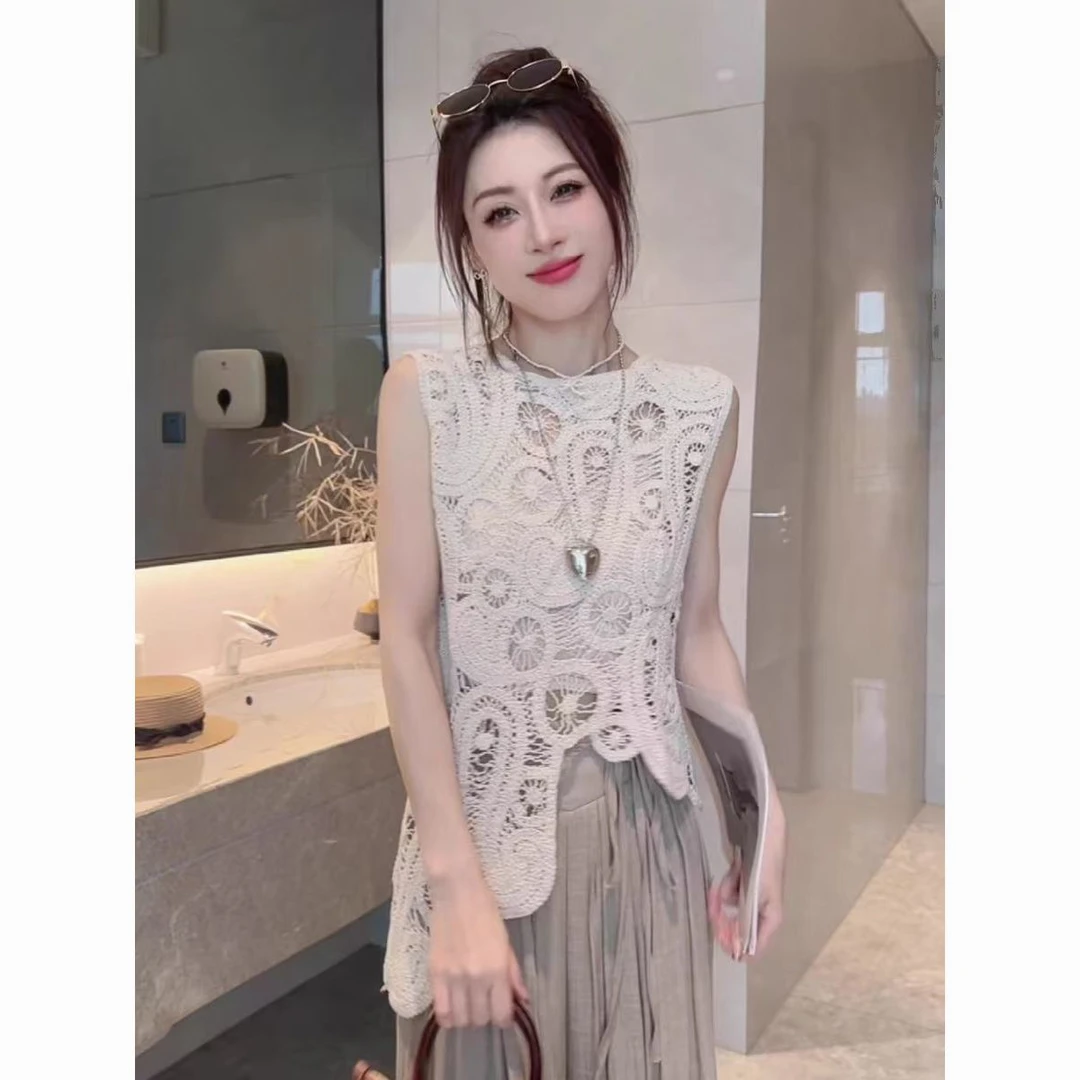 法式新款无袖马甲背心镂空设计感针织青年罩衫上衣