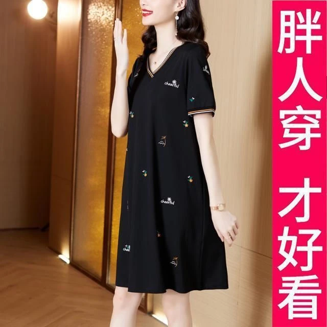 大码女装韩版短袖气质连衣裙2024夏装新款胖妹妹时尚遮肚显瘦裙子