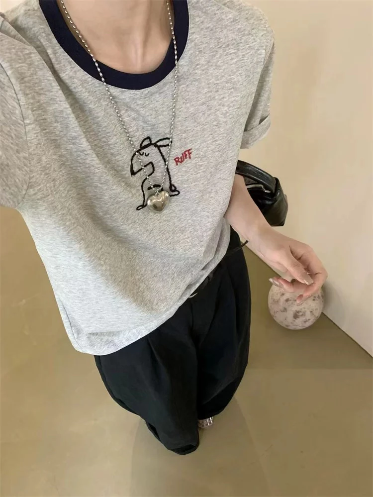 91056 撞色领刺绣小狗T