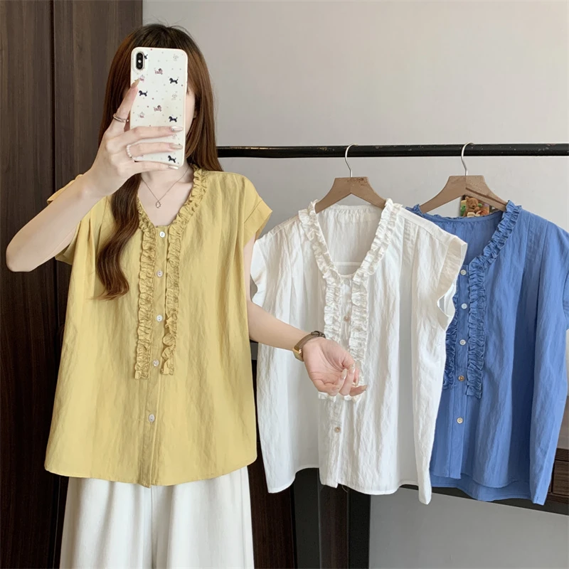 2025夏季胖MM韩系宽松减龄气质木耳边系带v领设计休闲显瘦衬衫
