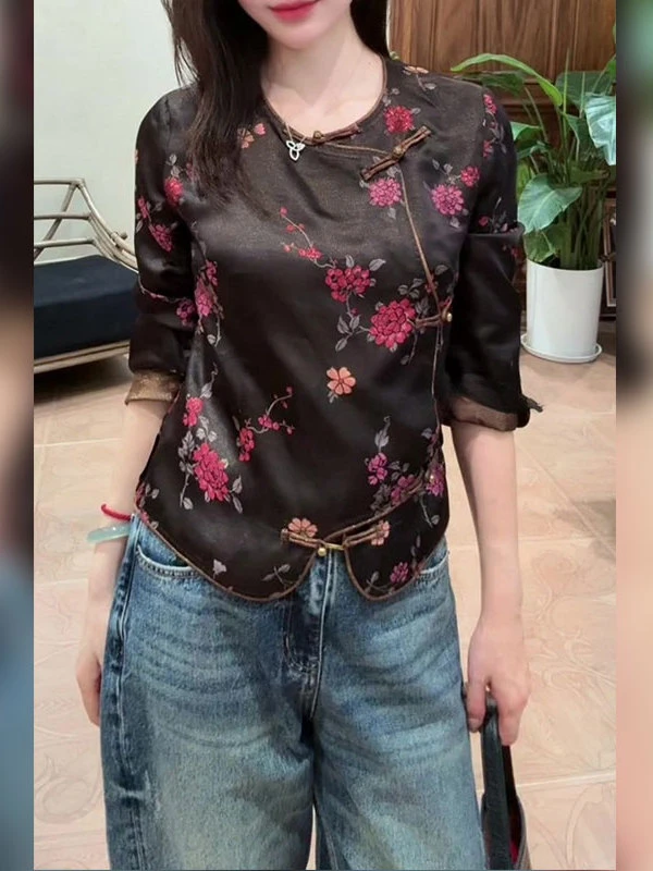 新中式国风圆领独特印花长袖女2025年秋季新款气质显瘦减龄上衣女