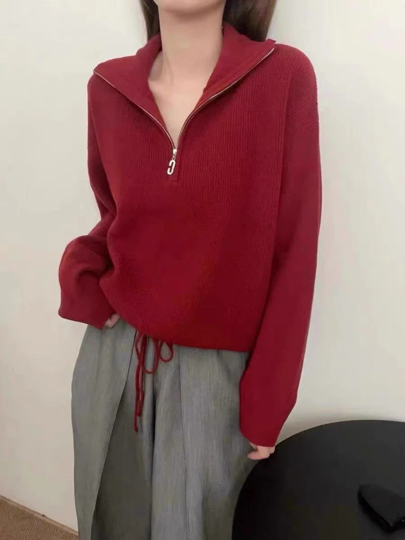 /抽绳拉链翻领/抽绳拉链翻领针织衫套头毛衣 衣长52胸围56 93776