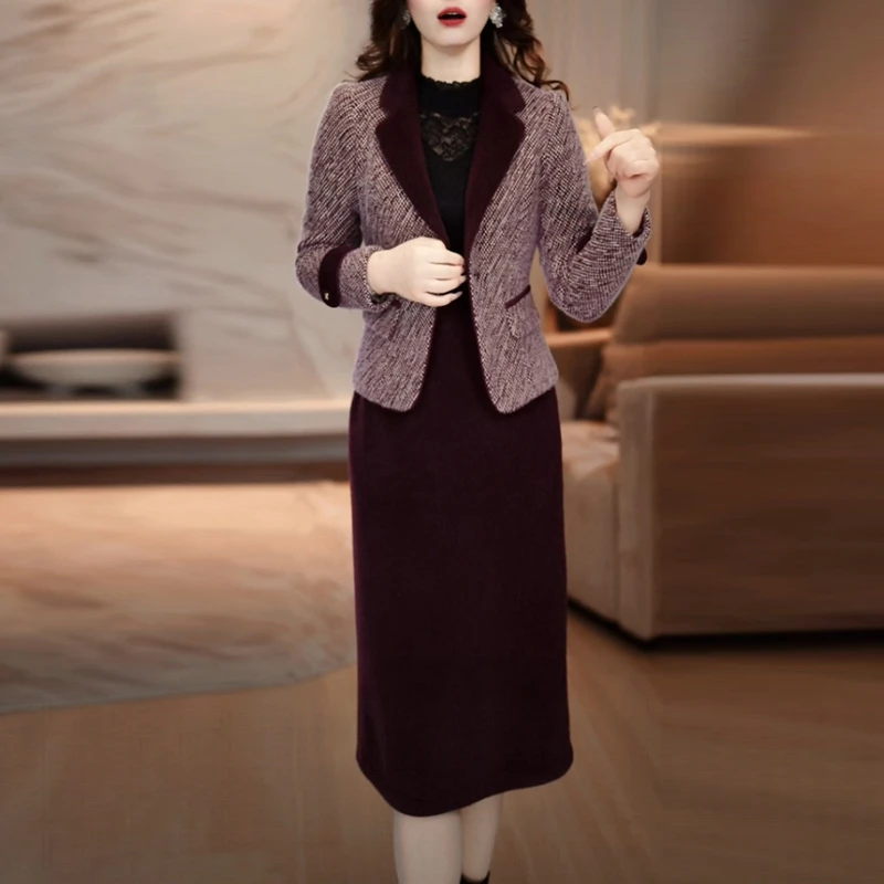 贵妃绒加厚保暖套装裙2025秋冬季新款高级感小香风两件套连衣裙子