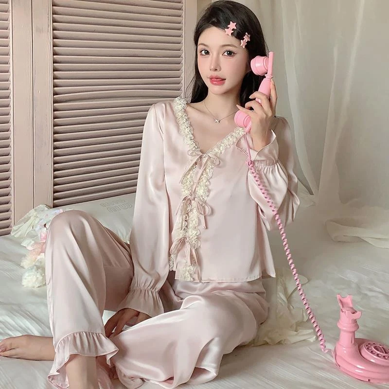 冰丝性感睡衣女春秋季长袖长裤2025年新款蕾丝可外穿家居服套装夏