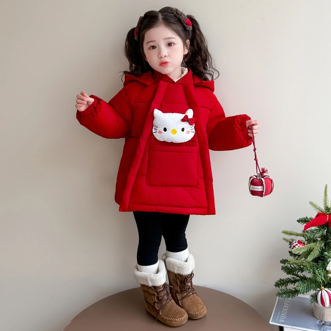 女童新年装棉服儿童冬装新款韩版洋气加厚女宝宝冬季红色棉袄外套