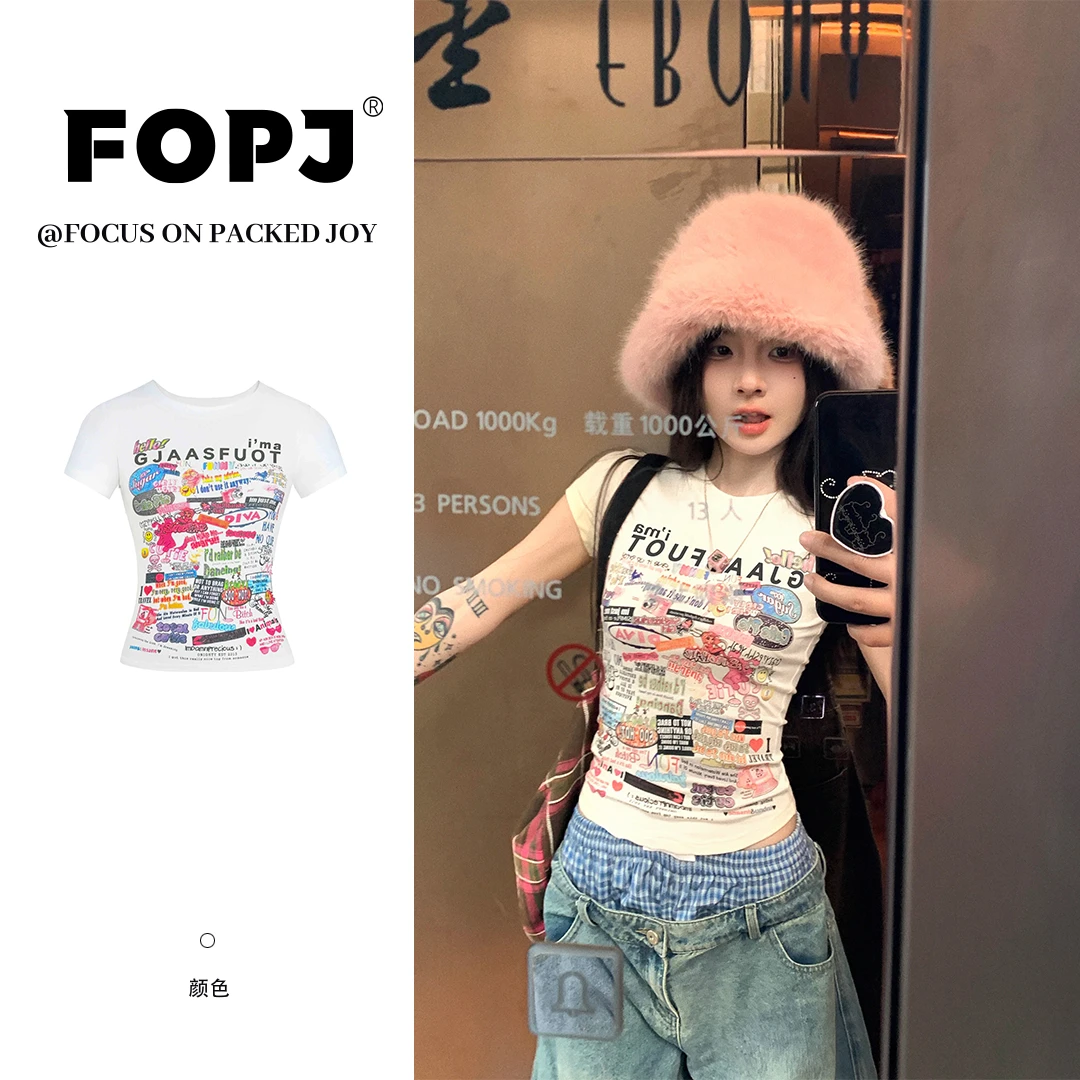 FOPJ美式复古正肩圆领短袖t恤女夏季新款修身显瘦BM风设计感上衣