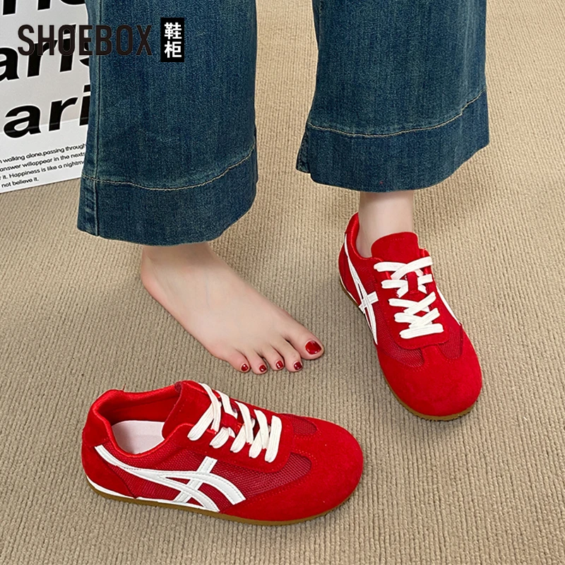 SHOEBOX鞋柜红色德训鞋女2025新款爆款夏季超火网面透气阿甘鞋