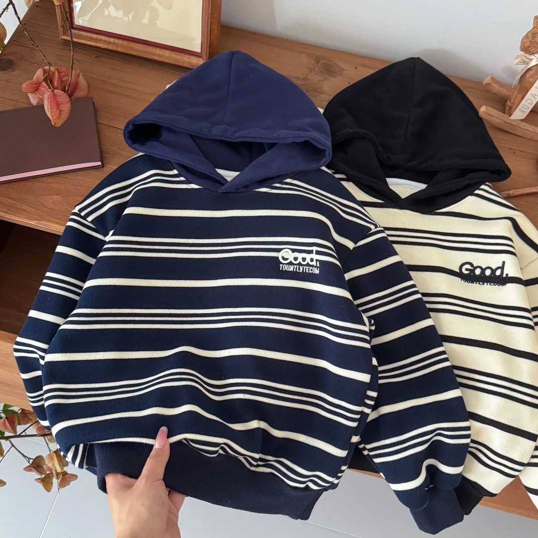 儿童冬季新款男女宝休闲条纹撞色连帽加绒卫衣WY25502
