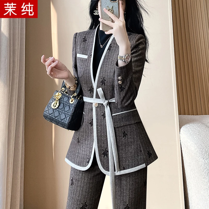 西装外套女灰色气质名媛高级感镶边印花西服高级感洋气工作服洋气