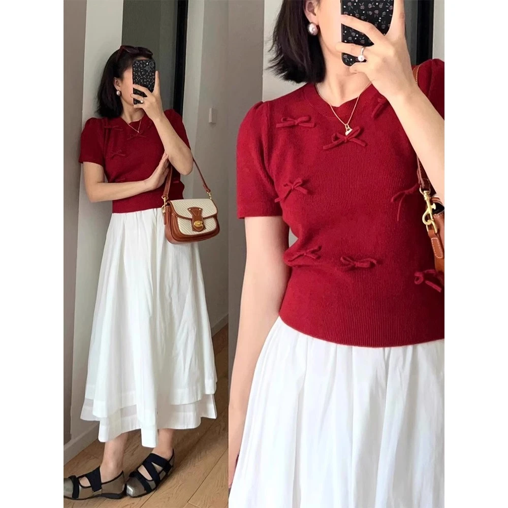 红色新款蝴蝶结短款短袖T恤女夏季薄款单穿超好看独特漂亮小上衣