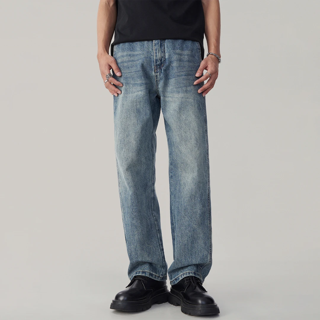 男士春季美式水洗蓝色阔腿牛仔裤高街cleanfit宽松直筒休闲长裤子