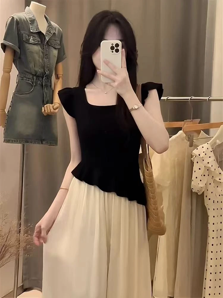 法式黑色短袖T恤女装夏季设计感小众修身显瘦木耳边上衣2025新款