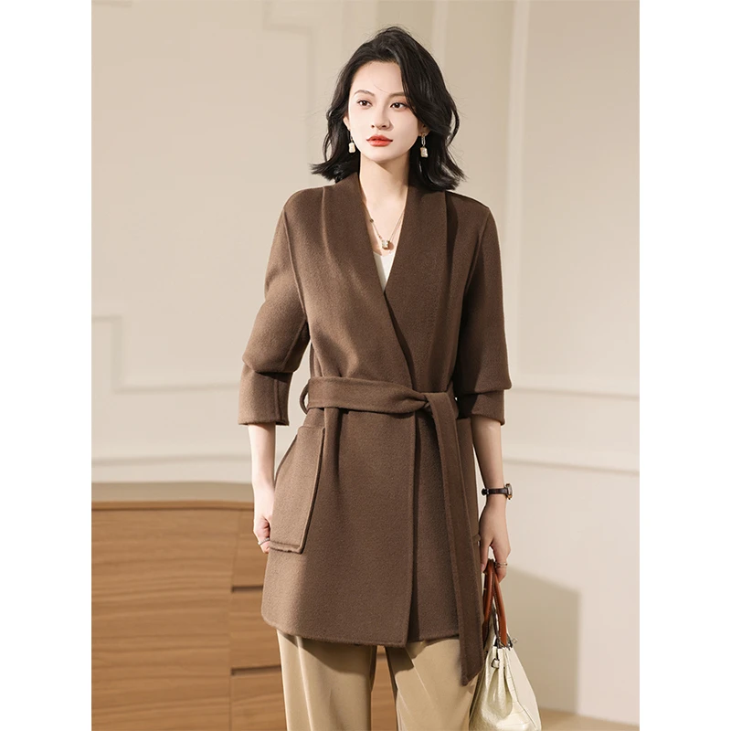 气质短款腰带纯羊毛大衣秋冬时尚百搭设计师款无领子双面呢子外套