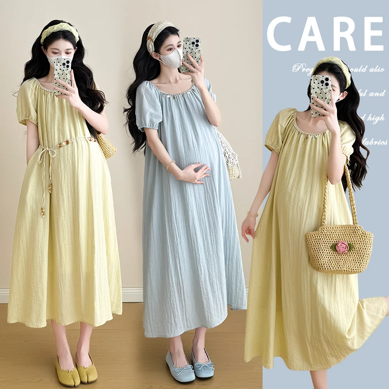 时髦孕妇装短袖连衣裙2025新款夏季孕期洋气遮肚宽松裙子时尚大码