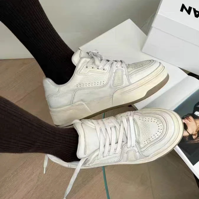 诗歌兰正品2025秋冬真皮板鞋经典百搭小白鞋脏脏做旧运动休闲鞋潮