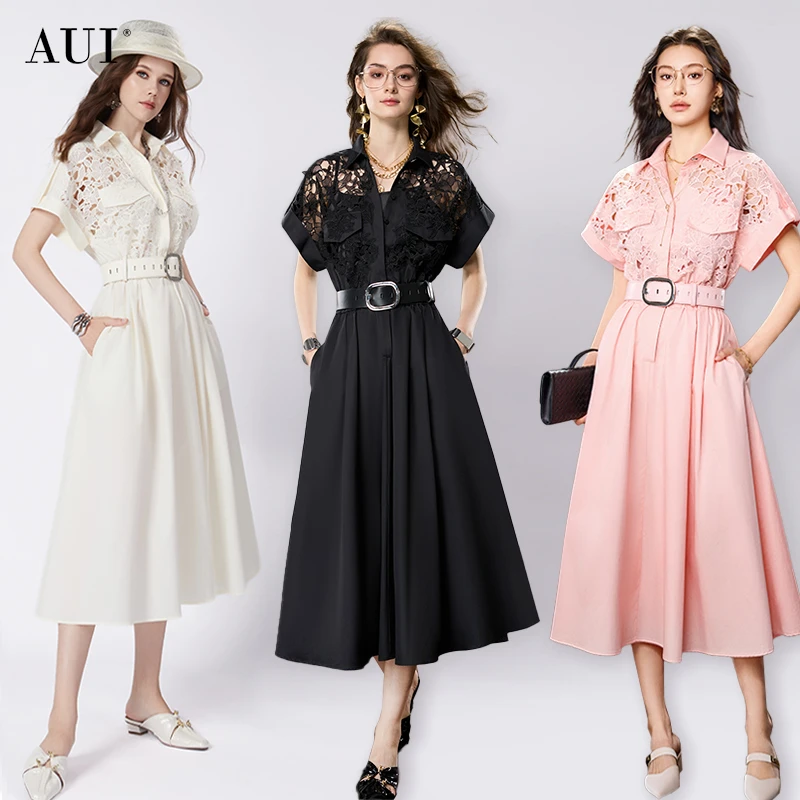 【AUI专属】AUI气质黑色赫本风蕾丝衬衫连衣裙大摆裙显瘦25W019327