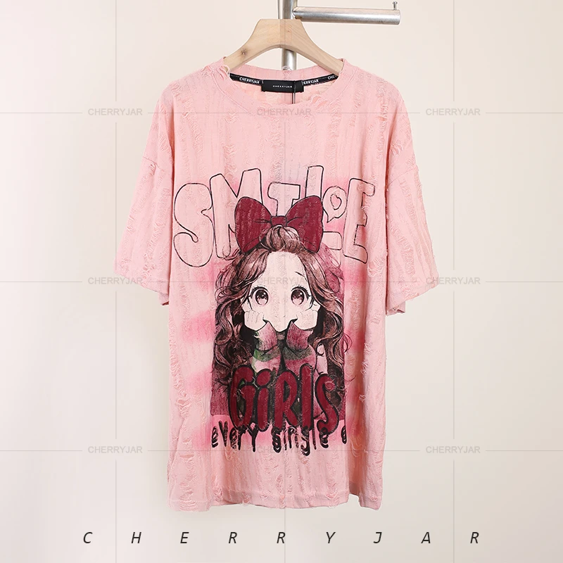 Cherryjar【25969】夏季新款可爱少女印花磨破做旧潮流短袖T恤