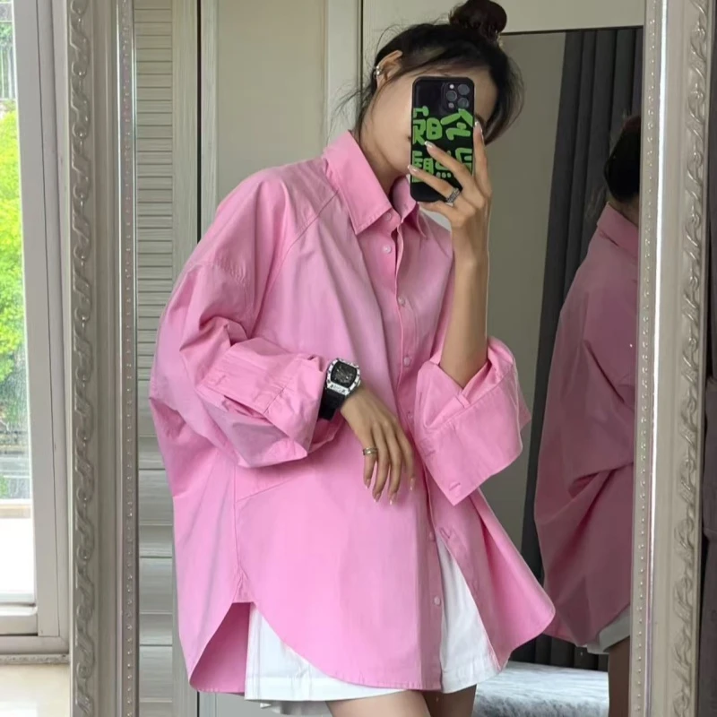 春夏新款樱花粉衬衣+白色短裤春季时尚休闲慵懒风两件套装女衬衫