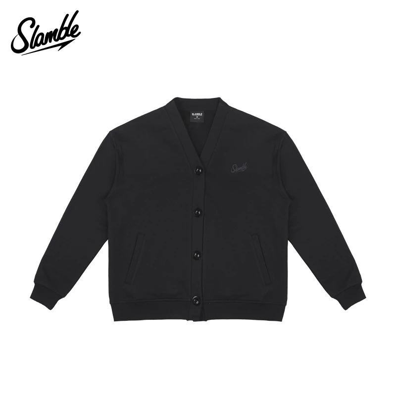 SLAMBLE秋冬新款男士V领开衫外套黑色简约休闲上衣单排扣针织衫