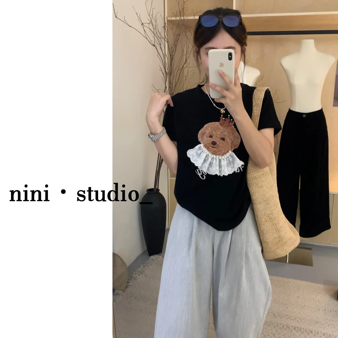 nini·蕾丝小狗韩系趣味ins风短袖T恤