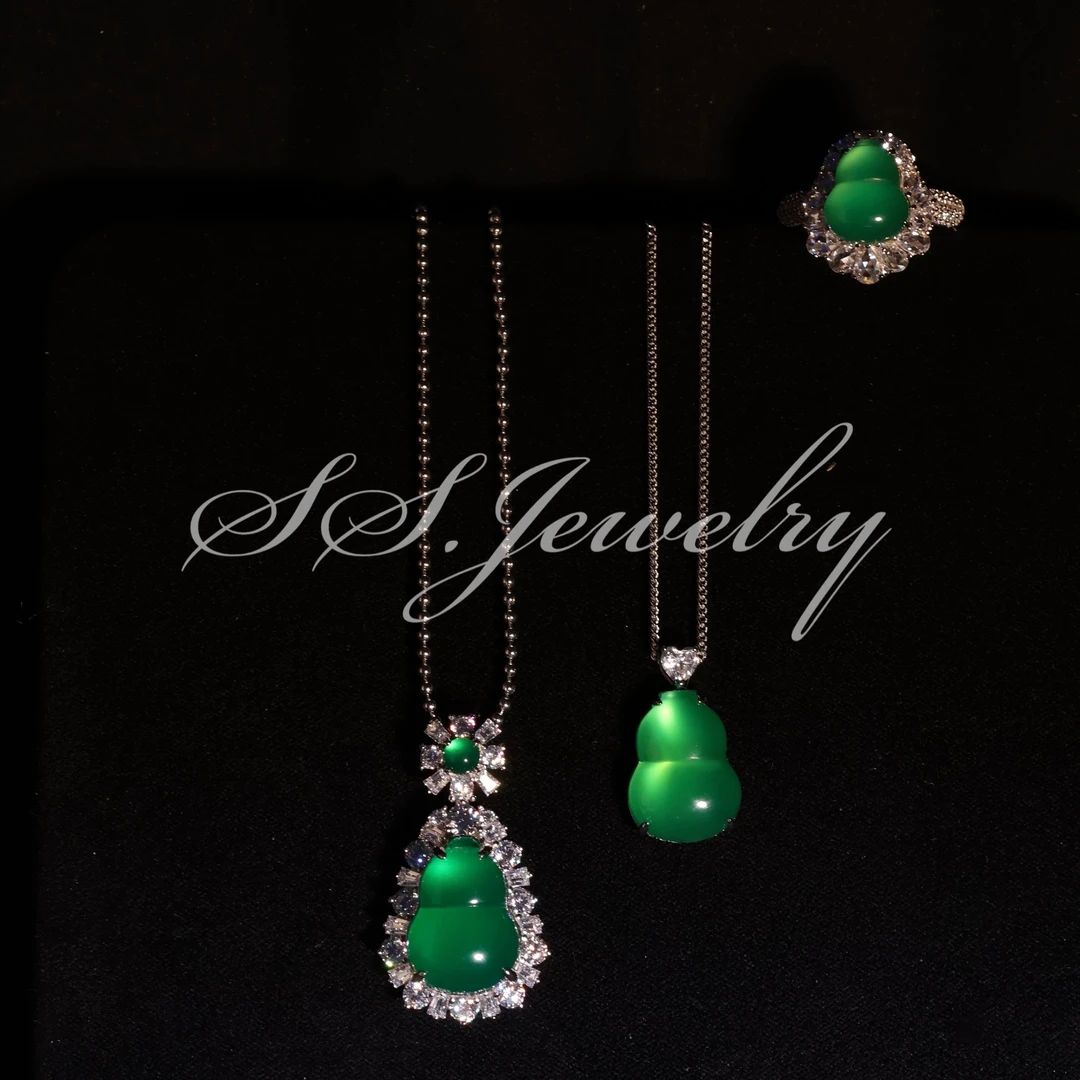 链子925银合成锆石 SS JEWELRY绿葫芦镶钻轻奢新中式项链