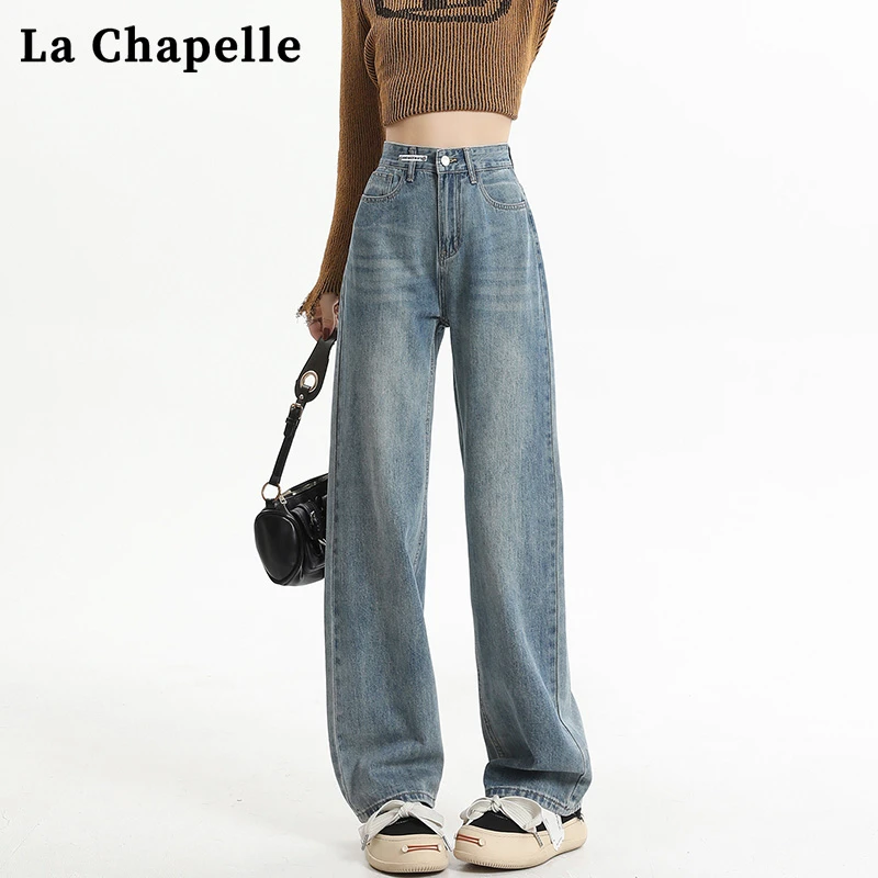 拉夏贝尔美式复古蓝色水洗窄版阔腿裤子女款爆款2025新款牛仔裤子