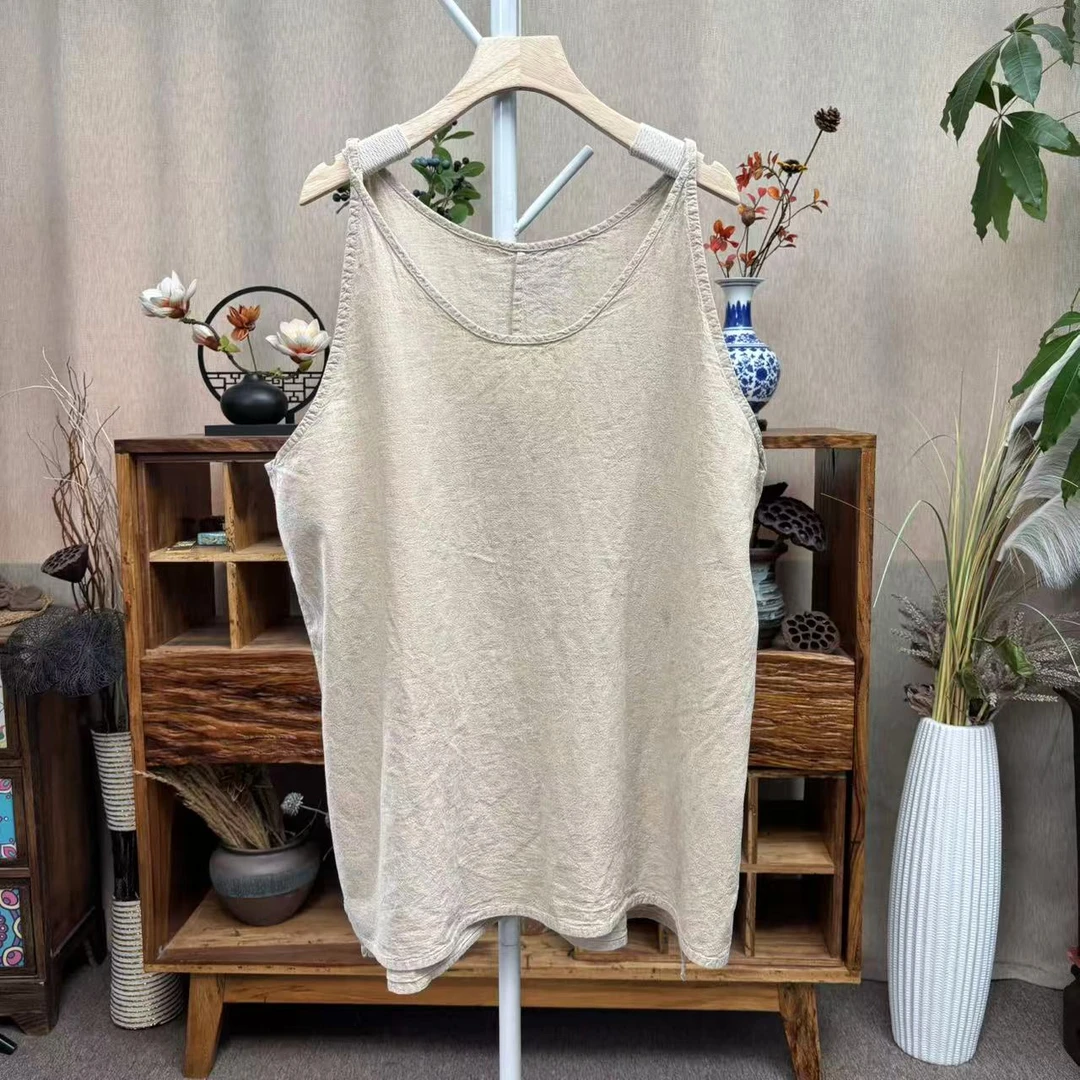 花璟与麻原创设计圆领纯色无袖百搭吊带背心（衣长70-75胸围132）