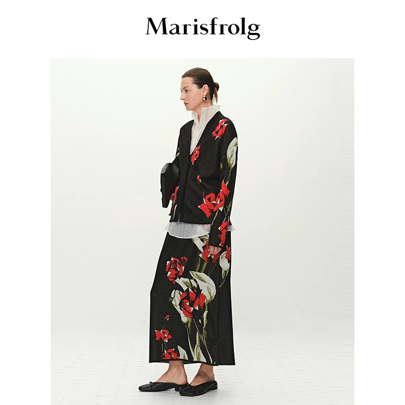 Marisfrolg玛丝菲尔气质黑色复古中长款中国风女士中裙A1FZ1823M