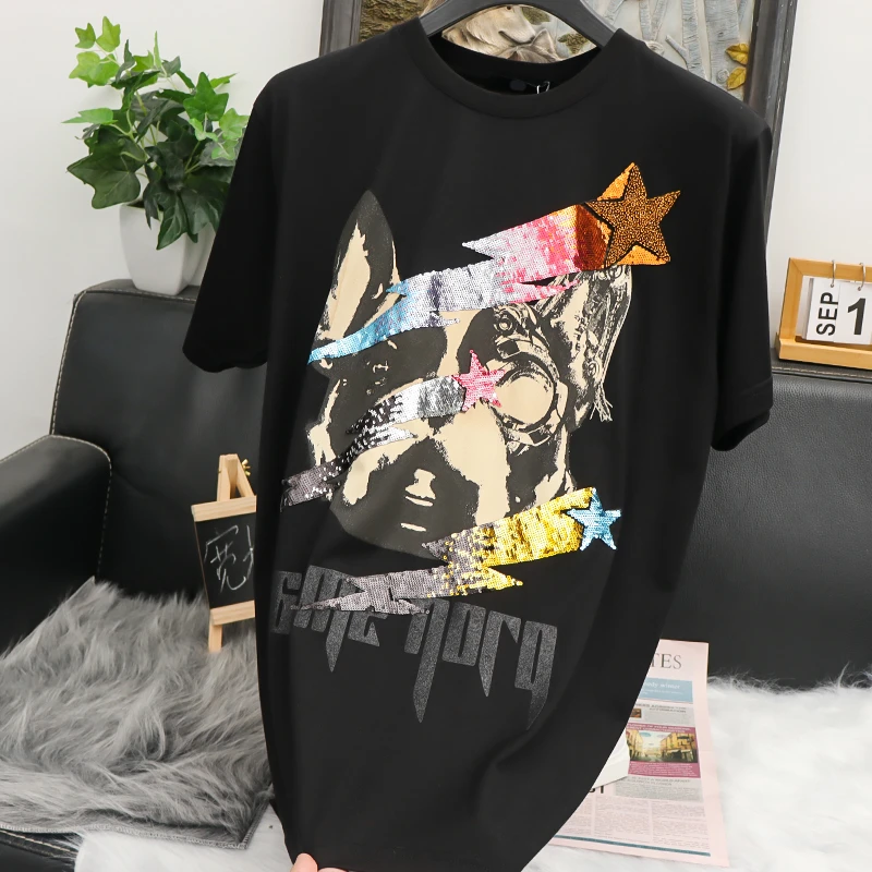 设计师系列 亮片时尚！夏季黑色潮流舒适休闲宽松短袖T恤1817