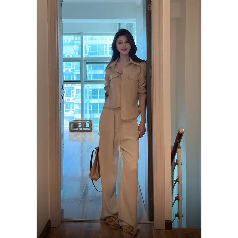 2025年夏季新款ins港风通勤时髦薄款衬衫衬衣女配高腰抽绳阔腿裤